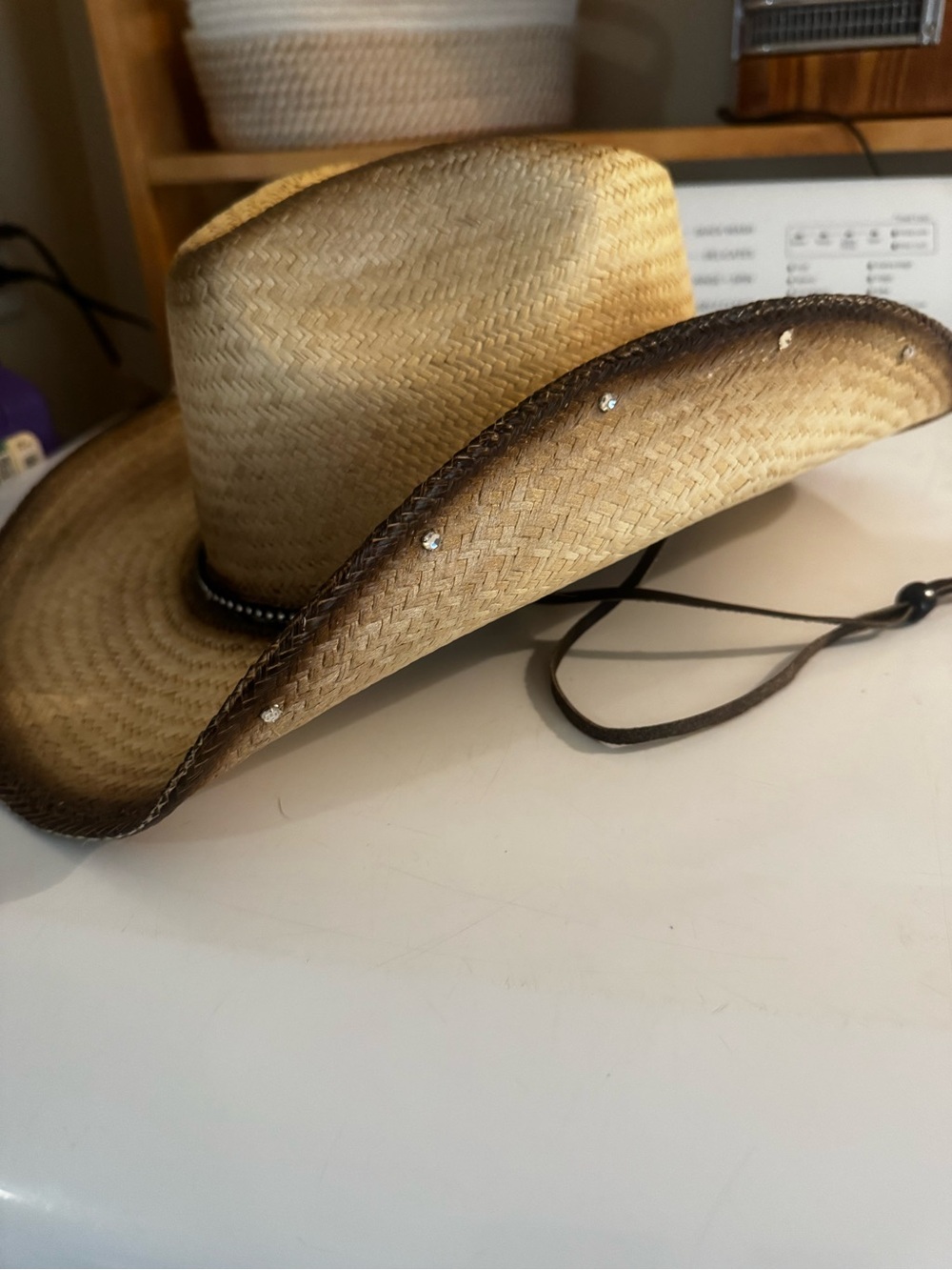 Women’s Straw Cowboy Hat in Tan with Dark Brown Trim - Picture 12 of 15